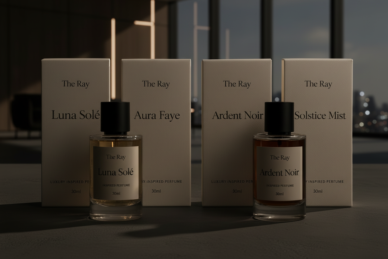 Two perfume bottles with their packaging labeled 'Luna Sole' and 'Ardent Noir' on a soft, neutral background.